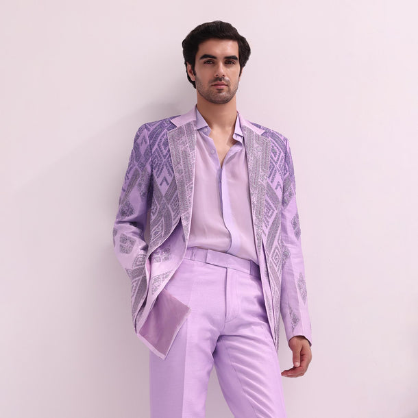 Lavender Linen Satin Lapel Ombre Tuxedo With Shirt And Pants