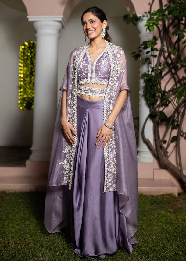 Lavender Moti Work Crop Top Suit Embroidered Jacket