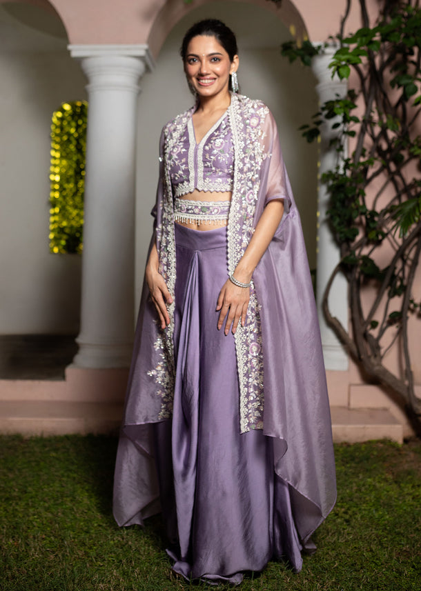 Lavender Moti Work Crop Top Suit Embroidered Jacket