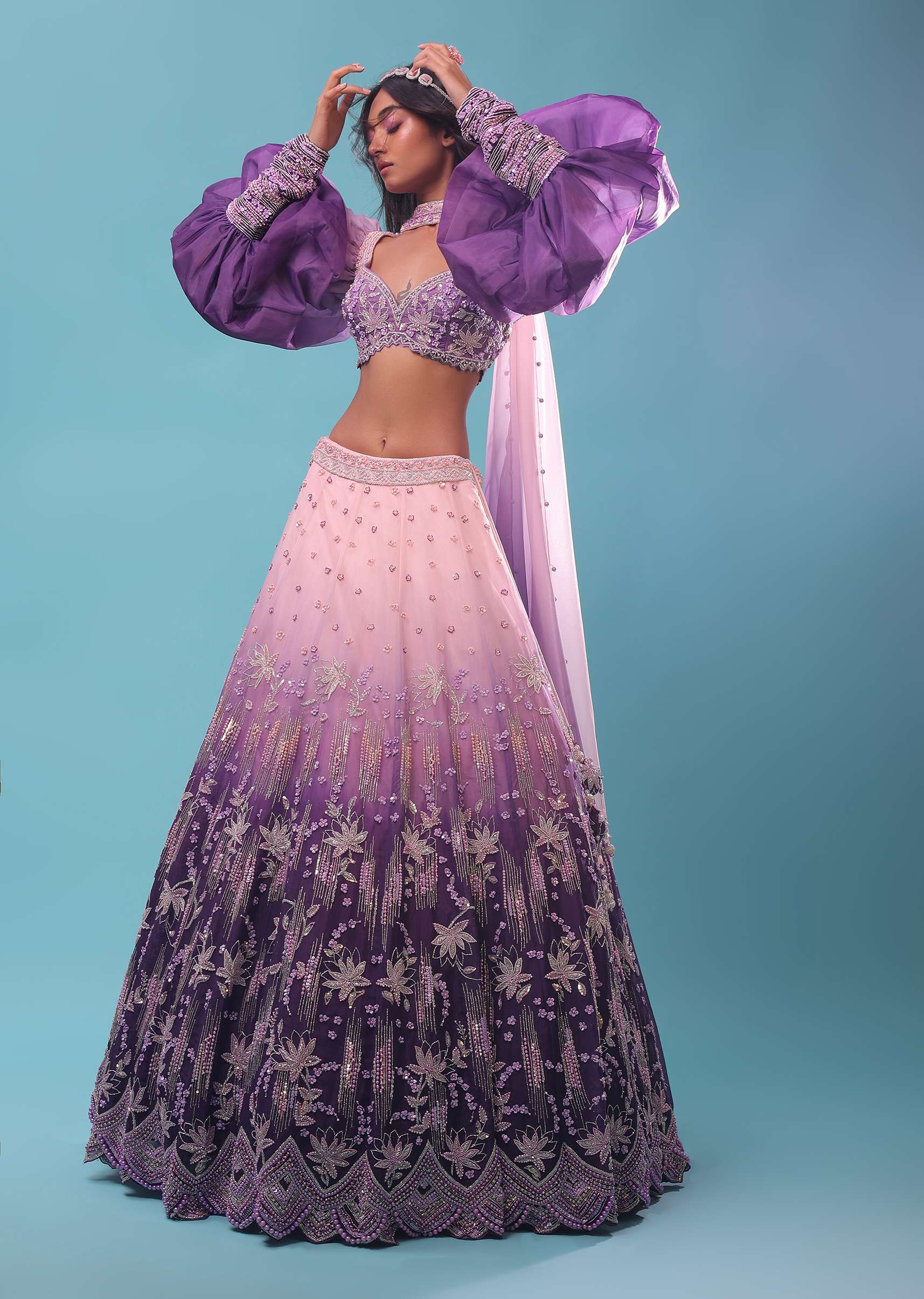 Lavender Ombre Gown And Crop Top Paired With Bishop Sleeves