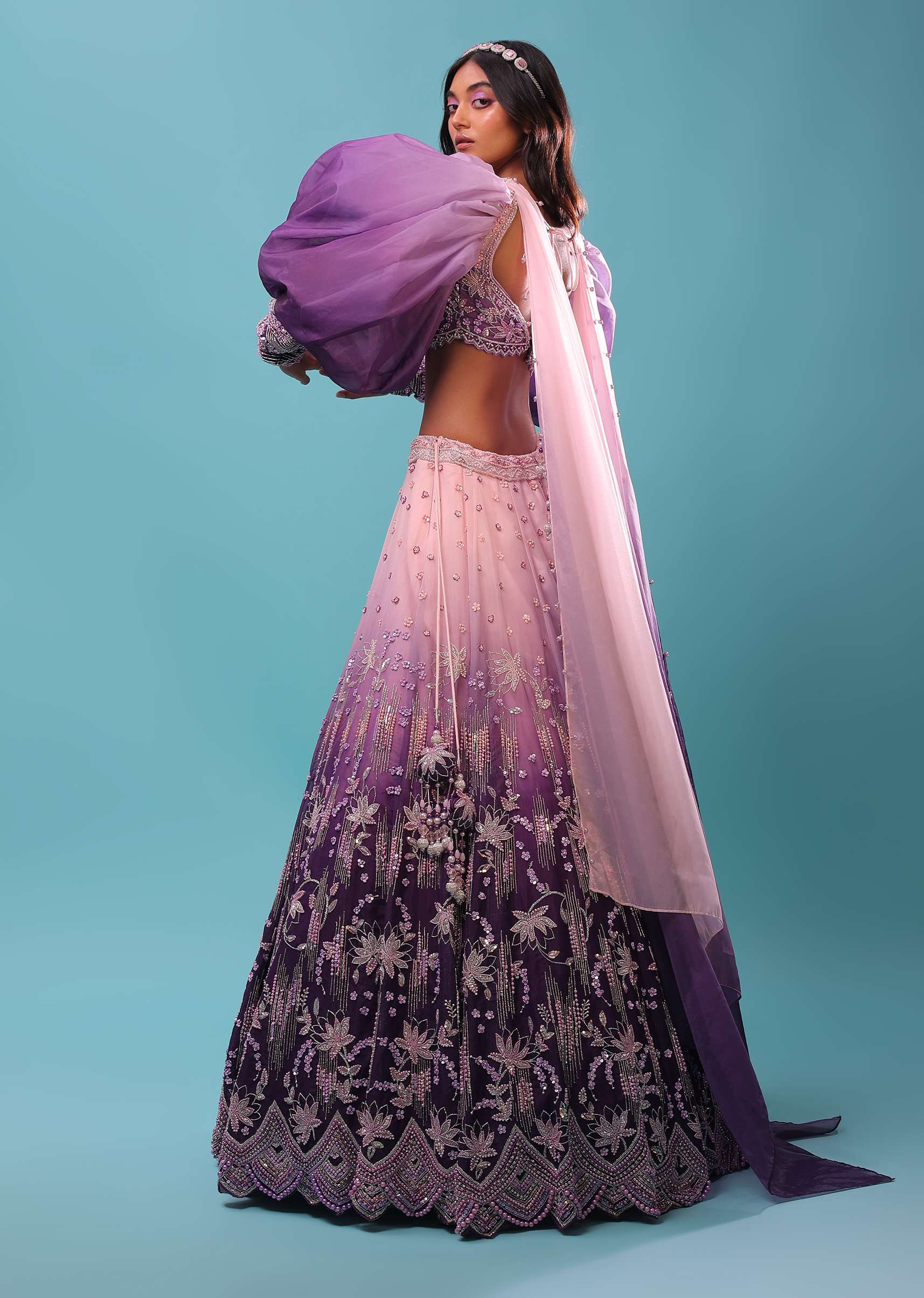 Lavender Ombre Gown And Crop Top Paired With Bishop Sleeves