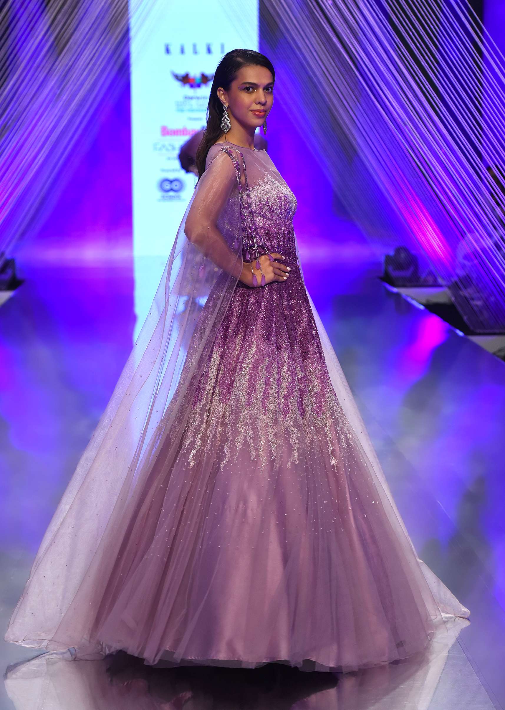 Lavender Ombre Gown In Net With Long Cape Embroidered With Sequins