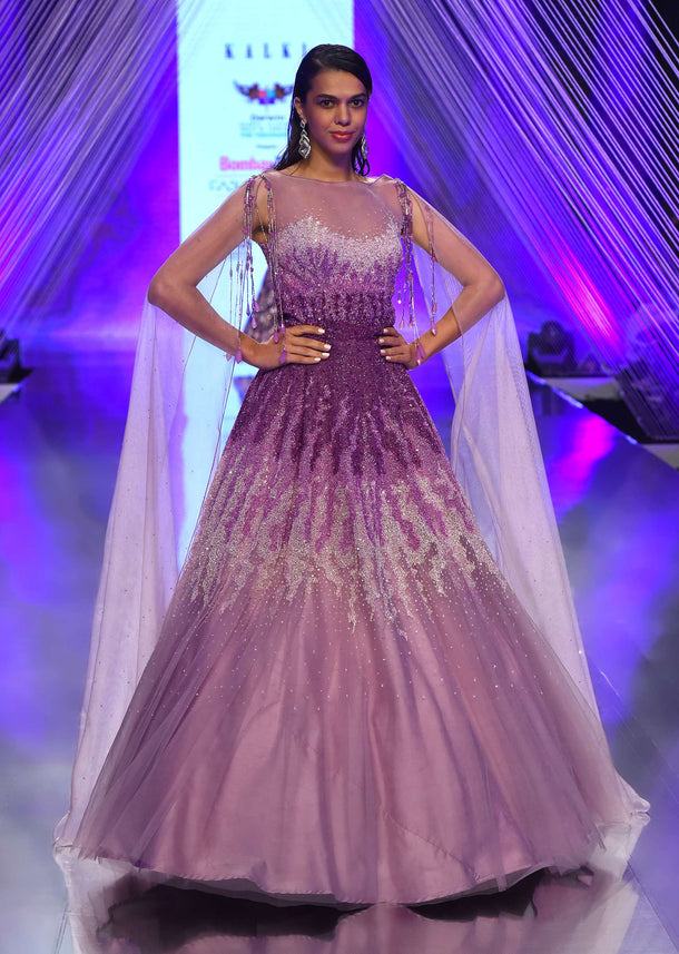 Lavender Ombre Gown In Net With Long Cape Embroidered With Sequins