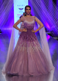 Lavender Ombre Gown In Net With Long Cape Embroidered With Sequins