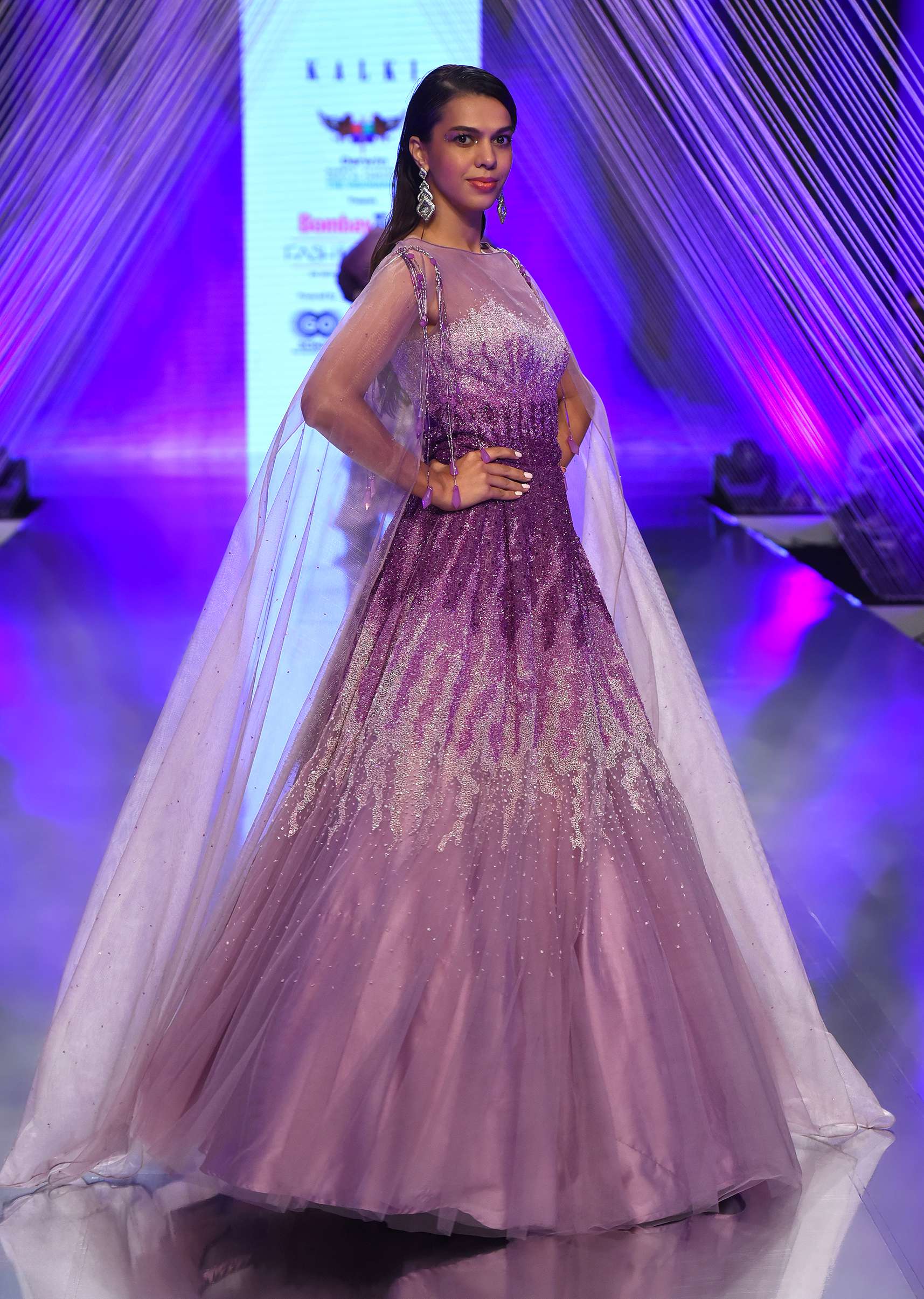 Lavender Ombre Gown In Net With Long Cape Embroidered With Sequins