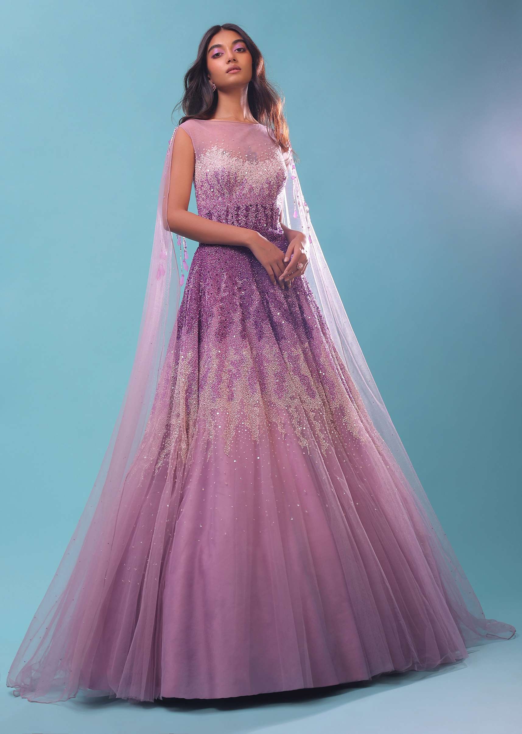 Lavender Ombre Gown In Sequins Embroidery, Crafted In Net With A Long Cape