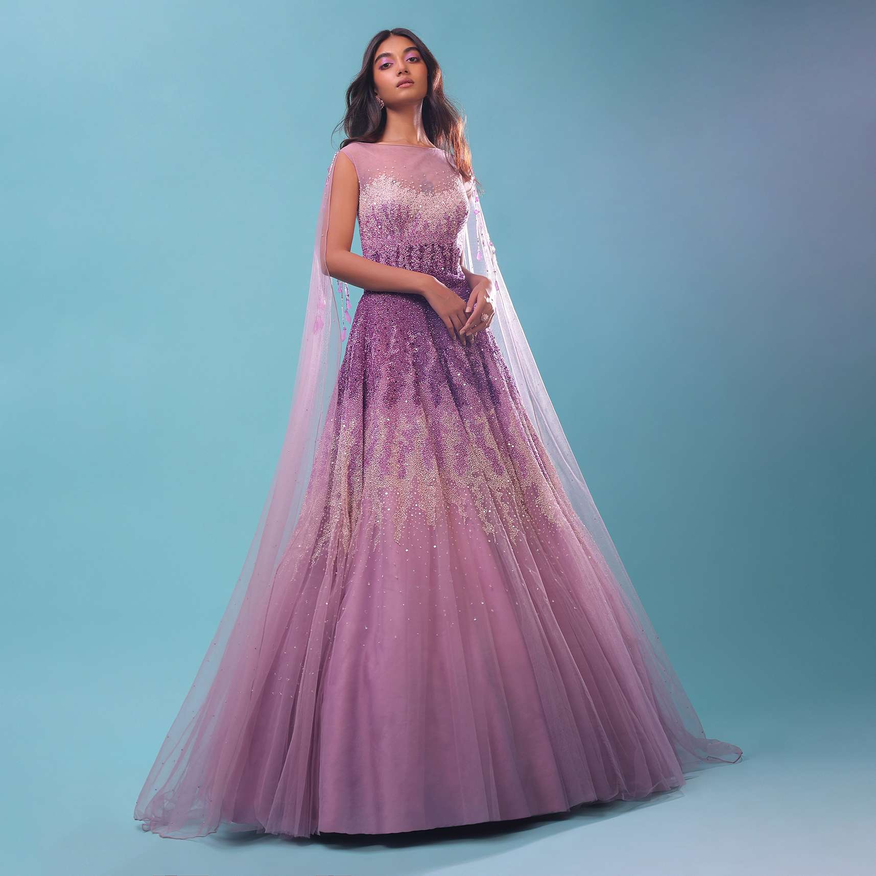 Lavender Ombre Gown In Sequins Embroidery, Crafted In Net With A Long Cape