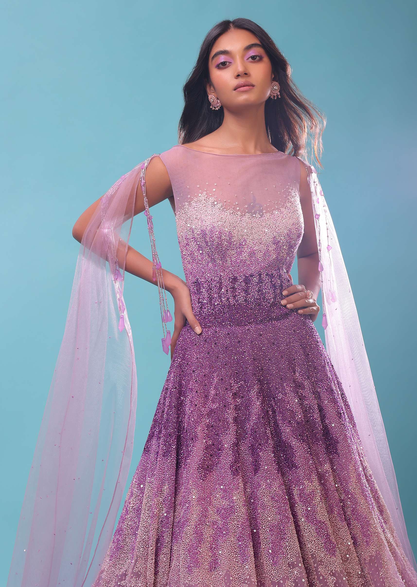 Lavender Ombre Gown In Sequins Embroidery, Crafted In Net With A Long Cape