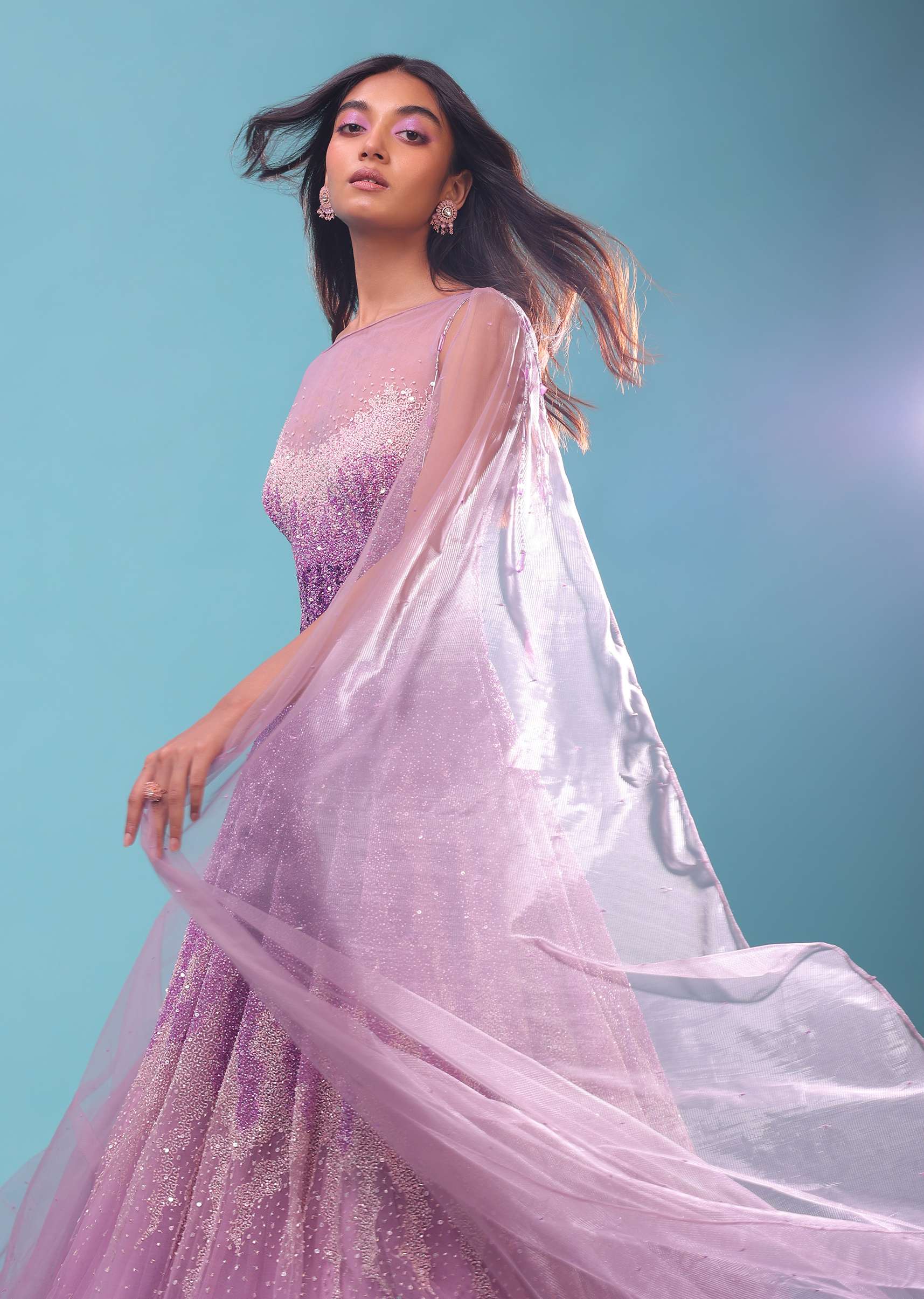 Lavender Ombre Gown In Sequins Embroidery, Crafted In Net With A Long Cape