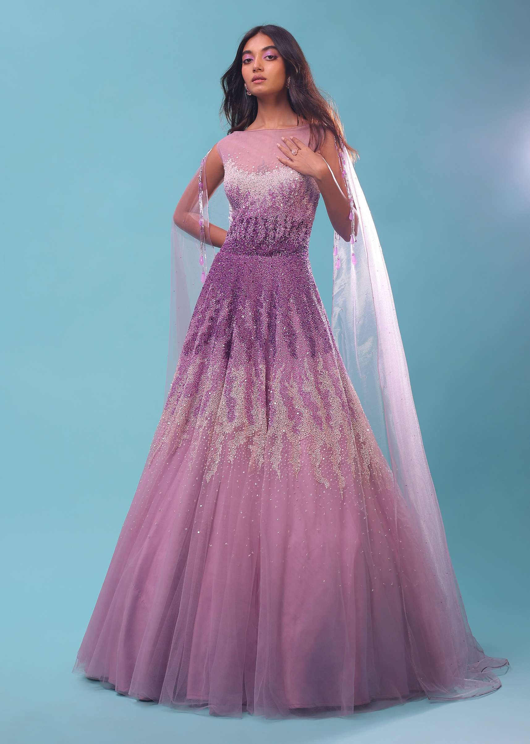 Lavender Ombre Gown In Sequins Embroidery, Crafted In Net With A Long Cape