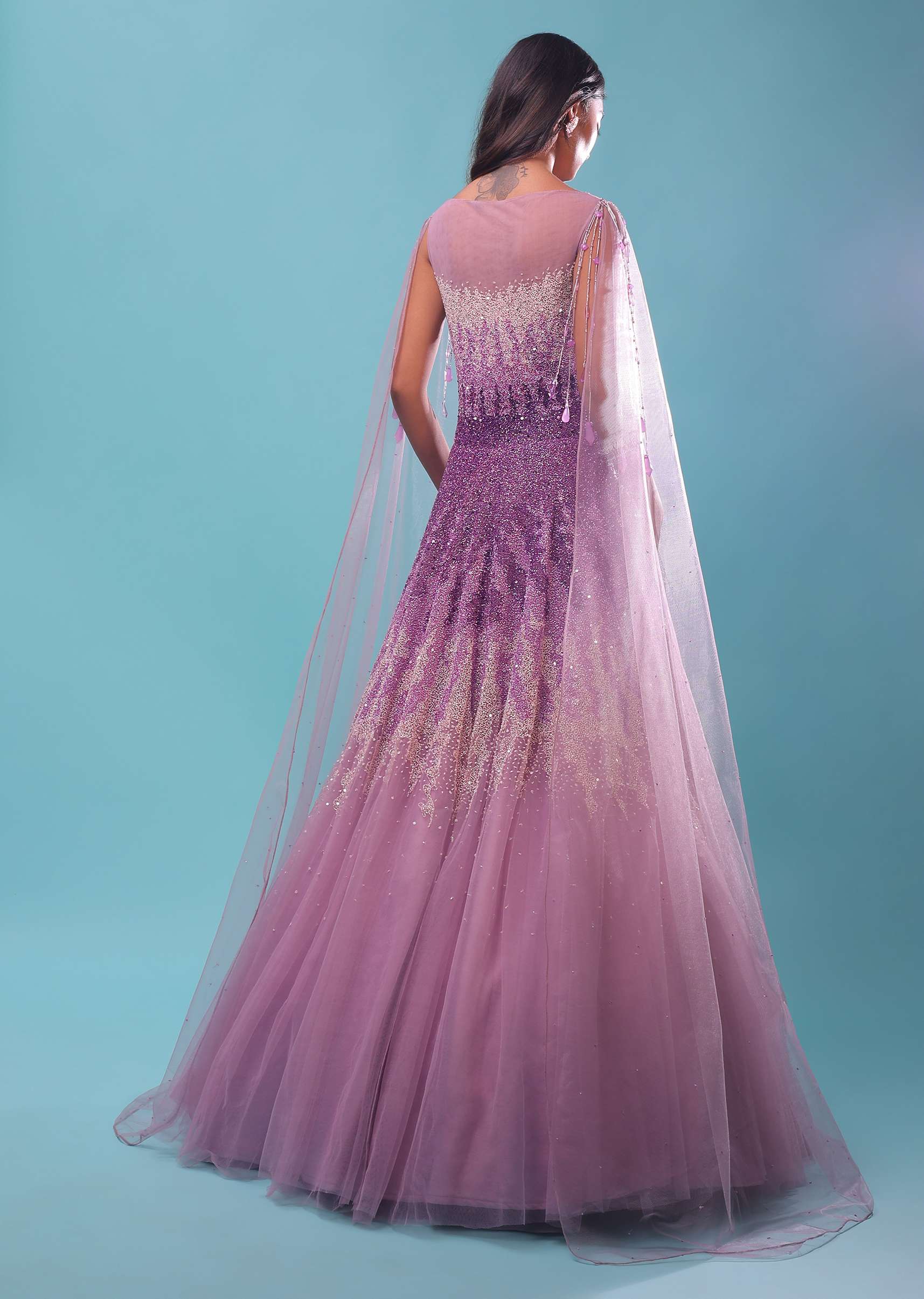 Lavender Ombre Gown In Sequins Embroidery, Crafted In Net With A Long Cape