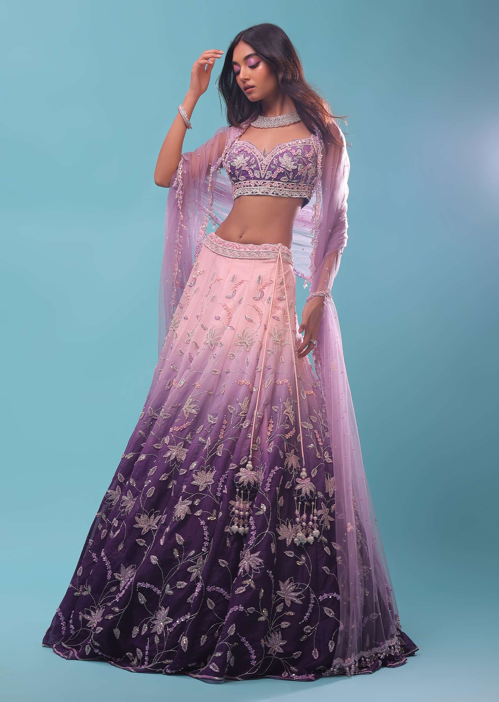 Lavender Ombre Lehenga With Surface Embroidered Crop Top