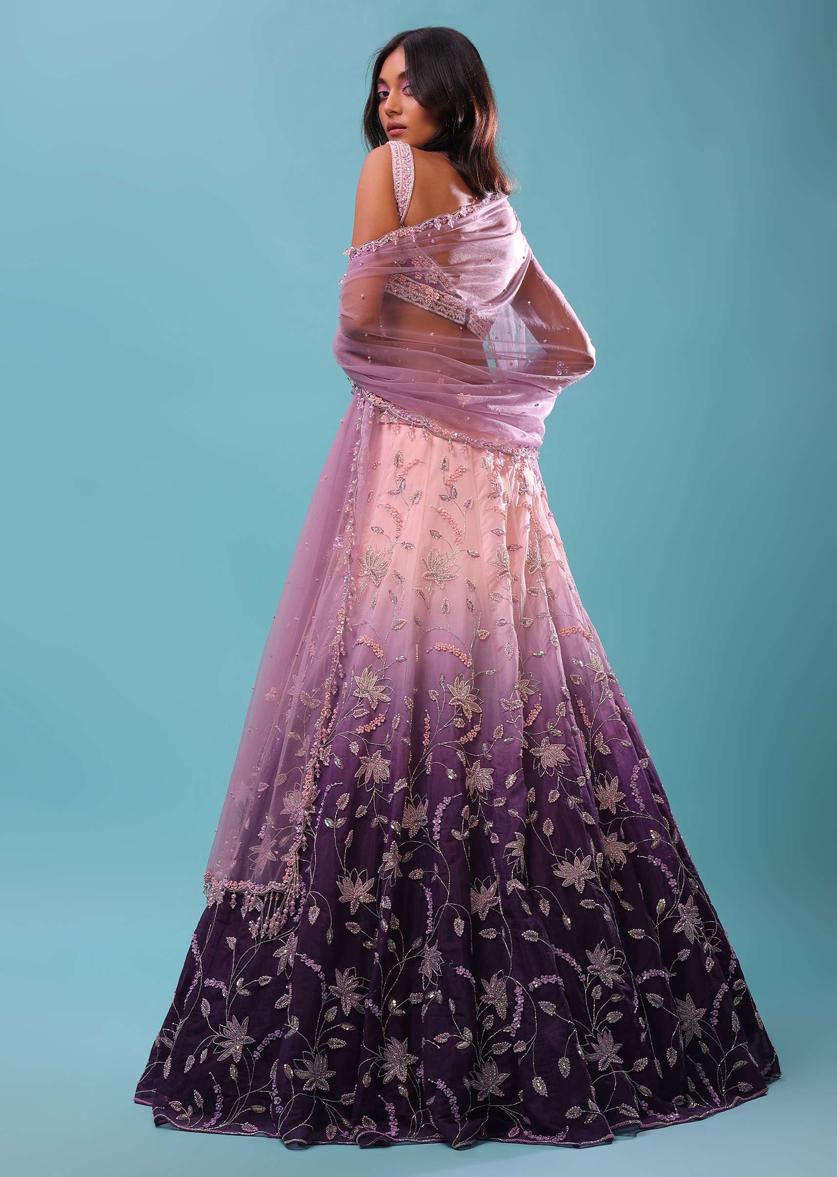 Lavender Ombre Lehenga With Surface Embroidered Crop Top