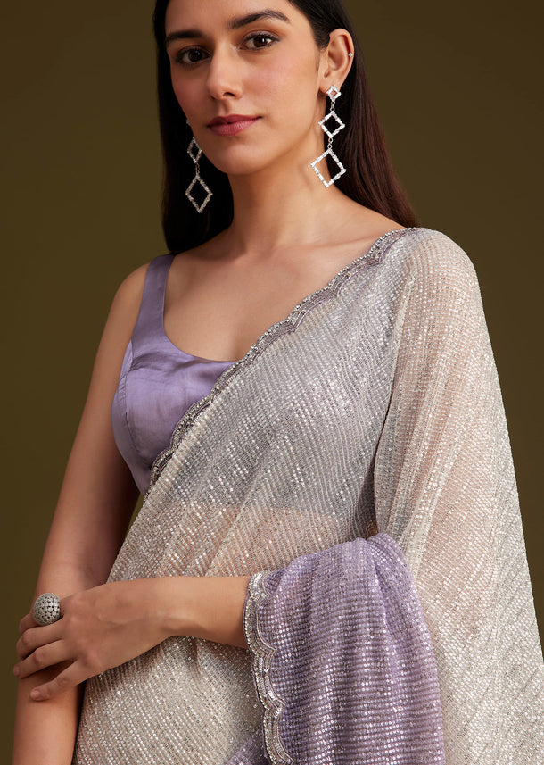 Lavender Ombre Sequins Saree With Scallop Embroidery Border