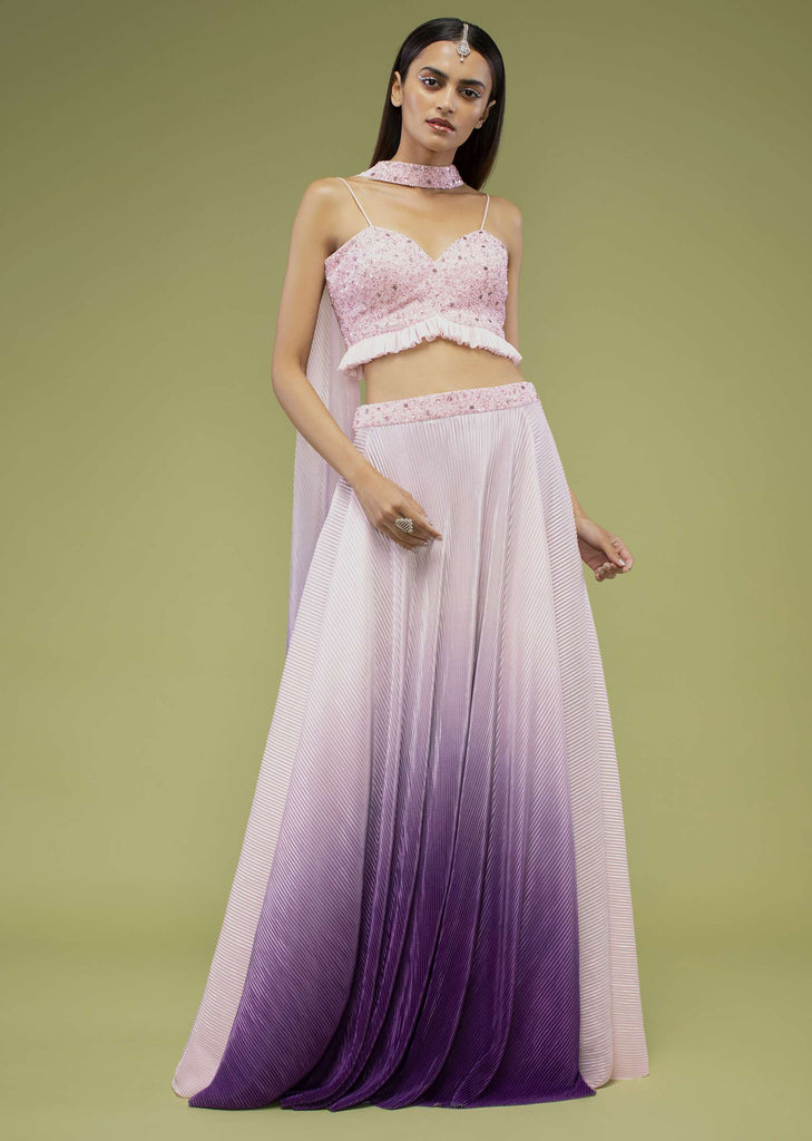 Lavender Ombre Skirt And Crop Top Set In The Crush, Paired With The Spaghetti Straps With A Sweet Heart Neckline