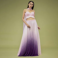 Lavender Ombre Skirt And Crop Top Set In The Crush, Paired With The Spaghetti Straps With A Sweet Heart Neckline