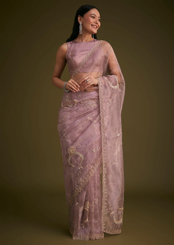 Lavender Organza Saree With Sequins And Stone Embroidery
