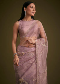 Lavender Organza Saree With Sequins And Stone Embroidery