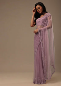 Lavender Pink Stone And Beads Embellished Net Saree