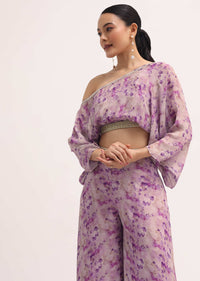 Lavender Printed Chiffon Crop Top And Palazzo