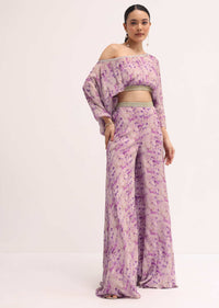 Lavender Printed Chiffon Crop Top And Palazzo