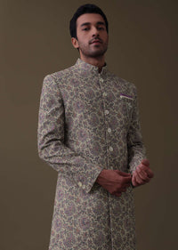 Lavender Purple Floral Printed Sherwani Set In Silk Fabric