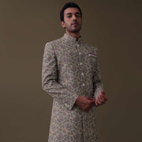 Lavender Purple Floral Printed Sherwani Set In Silk Fabric