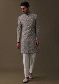 Lavender Purple Floral Printed Sherwani Set In Silk Fabric