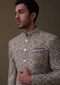 Lavender Purple Floral Printed Sherwani Set In Silk Fabric