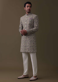 Lavender Purple Floral Printed Sherwani Set In Silk Fabric