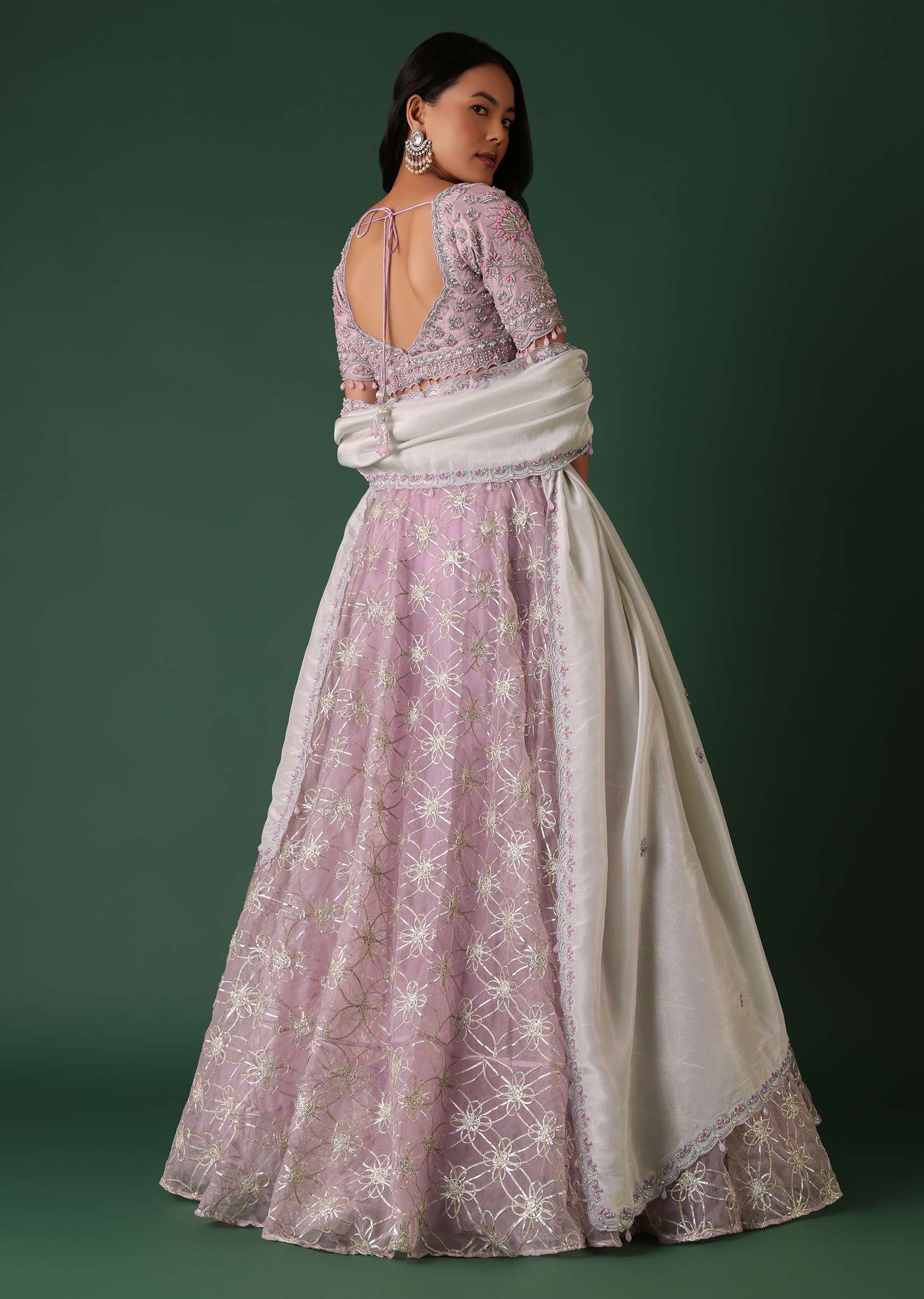 Lavender Purple Embroidered Lehenga Set In Organza