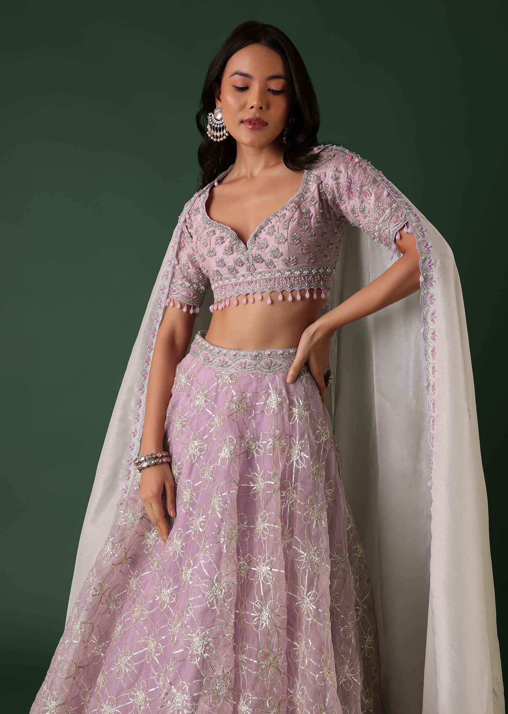 Lavender Purple Embroidered Lehenga Set In Organza