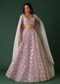 Lavender Purple Embroidered Lehenga Set In Organza