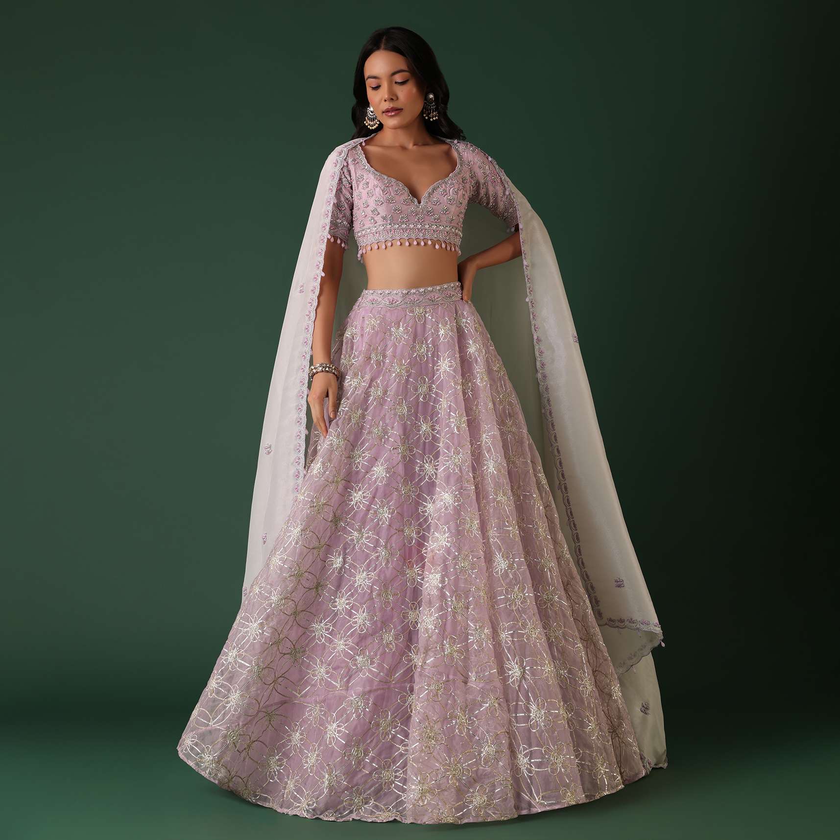 Lavender Purple Embroidered Lehenga Set In Organza