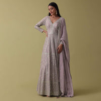 Lavender Purple Anarkali Suit Set In Georgette With Sequins And Zari Embroidery