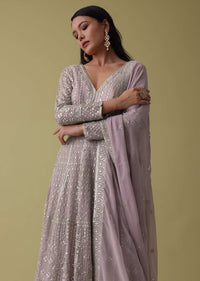 Lavender Purple Anarkali Suit Set In Georgette With Sequins And Zari Embroidery