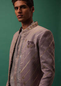 Lavender Purple Detailed Kurta And Pant Set With Striped Highlighted Jacket