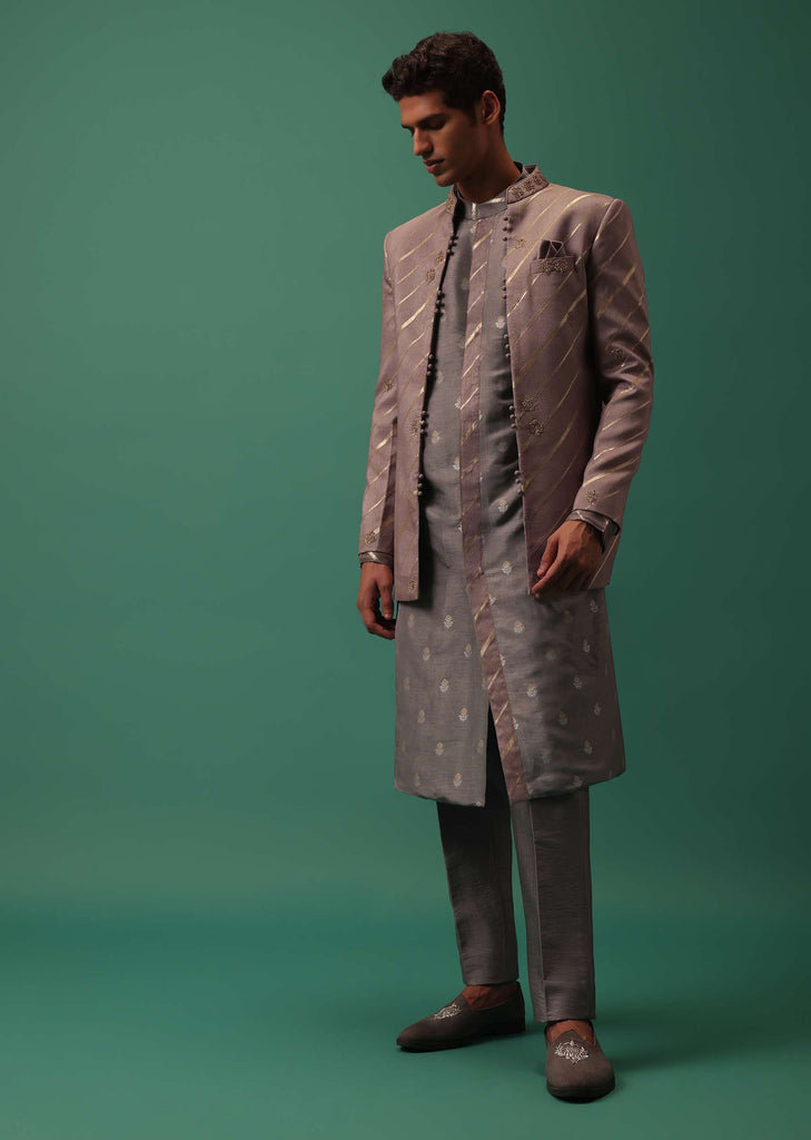 Lavender Purple Detailed Kurta And Pant Set With Striped Highlighted Jacket