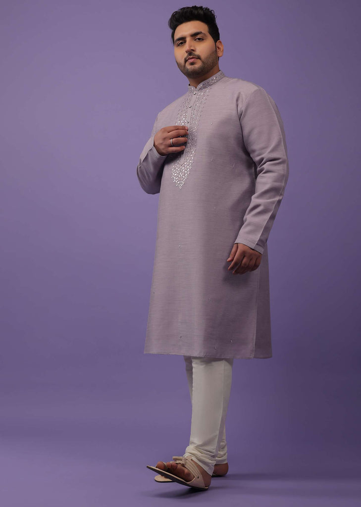 Lavender Purple Embroidered Kurta Set In Silk