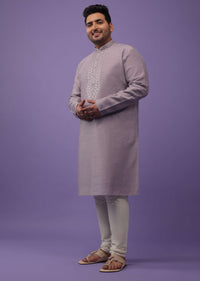Lavender Purple Embroidered Kurta Set In Silk