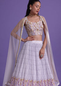 Lavender Purple Floral Printed Lehenga And Blouse Set In Silk