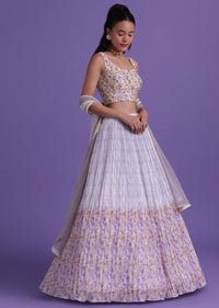 Lavender Purple Floral Printed Lehenga And Blouse Set In Silk