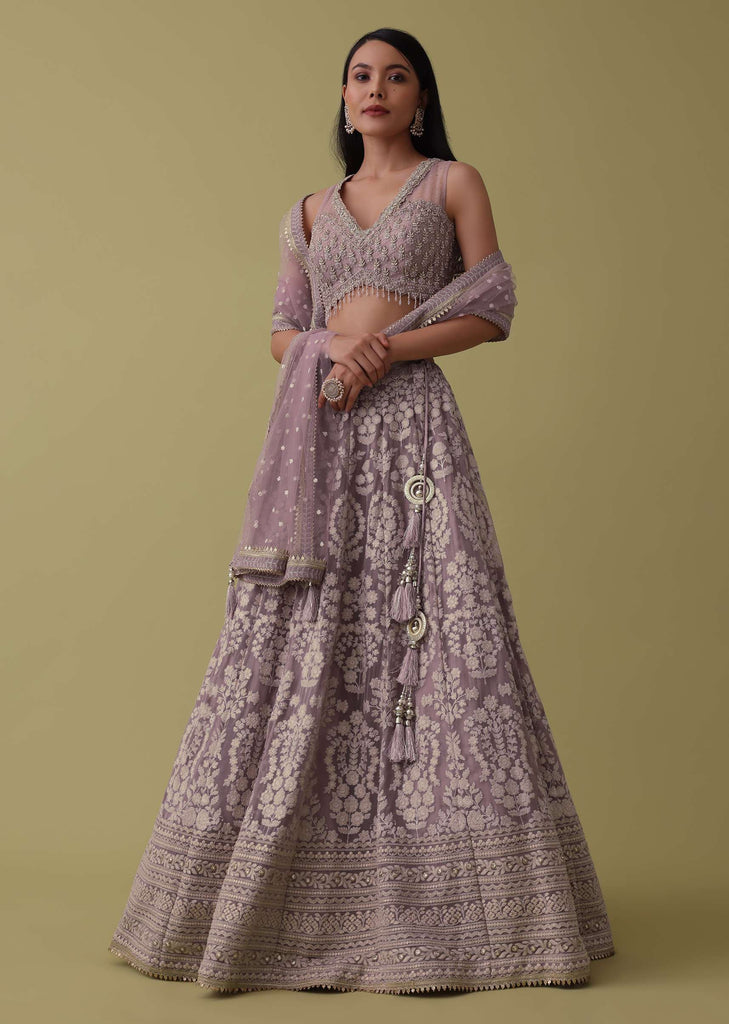 Lavender Purple Lehenga Suit Set In Georgette With Lucknowi Embroidery