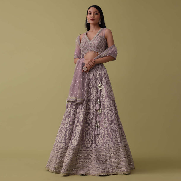 Lavender Purple Lehenga Suit Set In Georgette With Lucknowi Embroidery