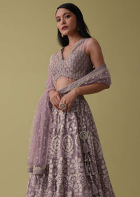 Lavender Purple Lehenga Suit Set In Georgette With Lucknowi Embroidery