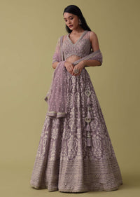 Lavender Purple Lehenga Suit Set In Georgette With Lucknowi Embroidery