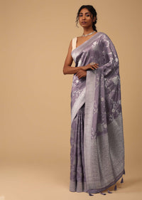 Lavender Purple Saree In Dola Silk With Silver Zari Floral Jaal