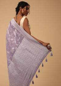 Lavender Purple Saree In Dola Silk With Silver Zari Floral Jaal