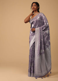 Lavender Purple Saree In Dola Silk With Silver Zari Floral Jaal