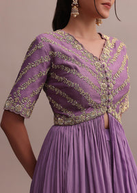 Lavender Purple Sequin Embroidered Front Long Slit Indowestern Set With Lehenga